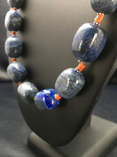 Southwestern Denim Chunky Lapis Coral Necklace | Sterling Silver | 21" | 2817