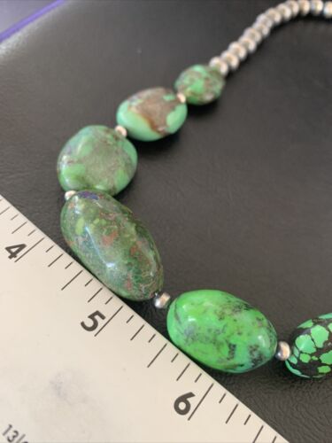 Chunky Navajo Graduated Natural Green Turquoise Necklace | Sterling Silver | Authentic Native American | 18" | 11769