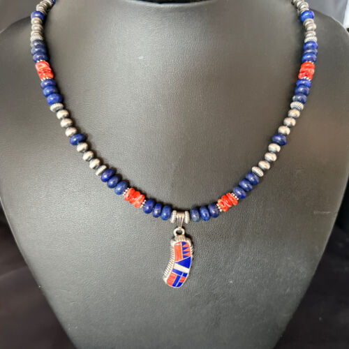 Navajo Blue Lapis Spiny Oyster Necklace Pendant | Sterling Silver Inlay | Authentic Native American Handmade | 14617