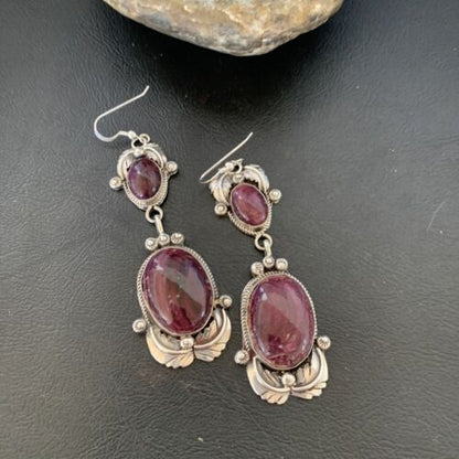 Navajo Purple Spiny Oyster Dangle Earrings | Sterling Silver | Authentic Native American Handmade | 12179