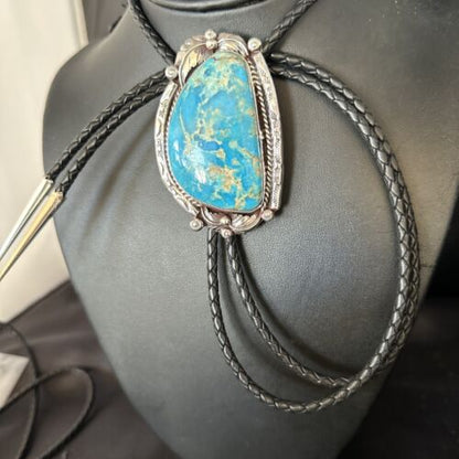 Navajo Blue Kingman Turquoise Bolo Tie | Sterling Silver | Authentic Native American Handmade | 14253