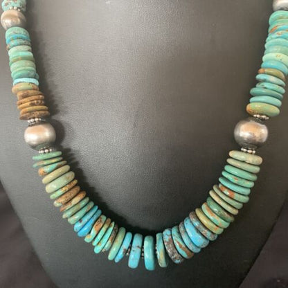 Navajo Blue Green Turquoise Necklace | Sterling Silver | Authentic Native American | 22" | Graduated | 11899