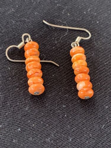 Native American Navajo Orange Spiny Oyster Bead Earrings | Sterling Silver | 13057
