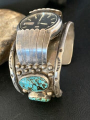 Navajo Sterling Silver Bracelet with Blue Kingman Turquoise | Men's Automatic Seiko Watch Cuff | Authentic Native American Jewelry | 12168