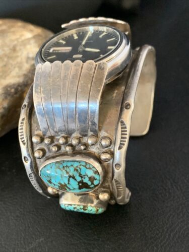 Navajo Sterling Silver Bracelet with Blue Kingman Turquoise | Men's Automatic Seiko Watch Cuff | Authentic Native American Jewelry | 12168