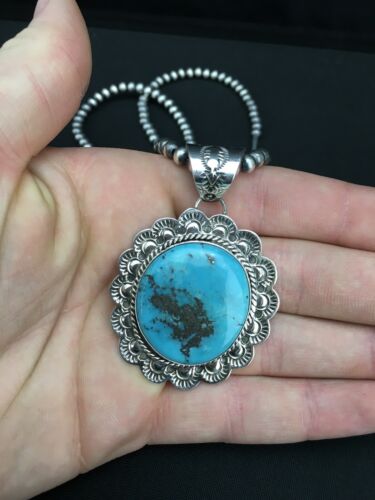 Men's Kingman Turquoise Pendant | Navajo Pearl Sterling Silver Necklace | Authentic Native American Handmade | 4876