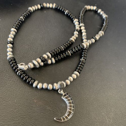 Navajo Inlay Pendant | Sterling Silver Black Onyx Necklace | Authentic Native American Handmade | 12281