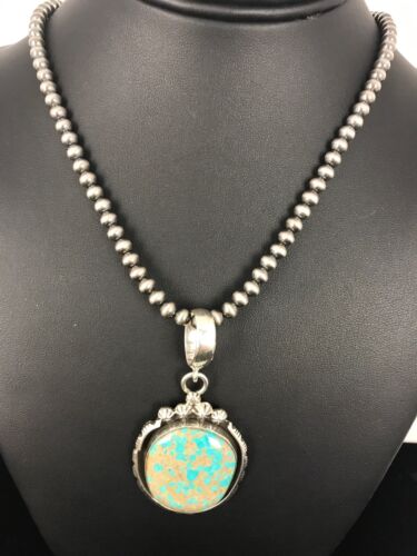 Navajo Pearls Sterling Silver Turquoise #8 Necklace Pendant | 2.5" | Signed | Authentic Native American Handmade | 3954