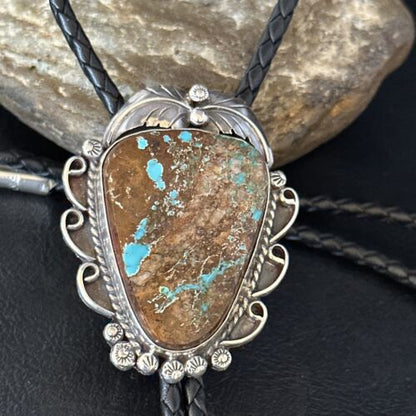Navajo Blue Boulder Turquoise Bolo Tie | Sterling Silver | Authentic Native American Handmade | 14252