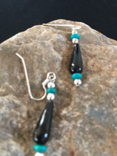 Navajo Black Onyx Turquoise Bead Dangle Earrings | Sterling Silver | Authentic Native American Handmade | 13455
