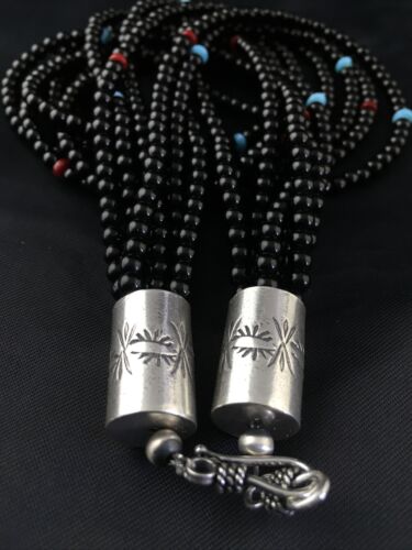Navajo Black Onyx Coral Turquoise Bead Necklace | Sterling Silver | 18" | Authentic Native American Handmade | 10171