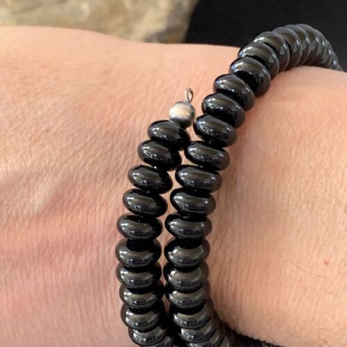 Memory Wire Stainless Steel Black Onyx Bead Bracelet | Sterling Silver | Native American Handmade | 01958