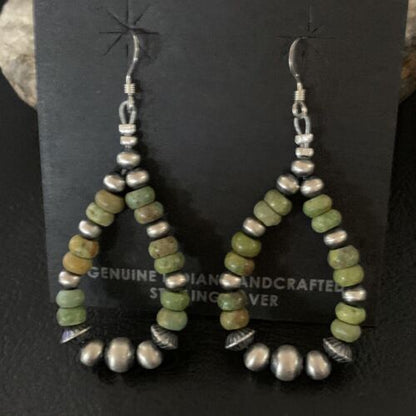 Navajo Green Turquoise Earrings | Sterling Silver | Native American Pearls Bead | 2" | 12889