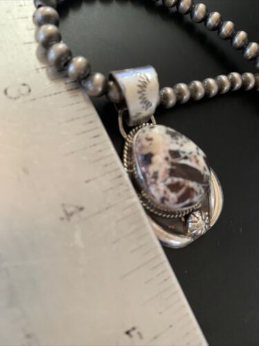 Navajo White Buffalo Turquoise Pendant Necklace | Sterling Silver | Authentic Native American Handmade | 11401