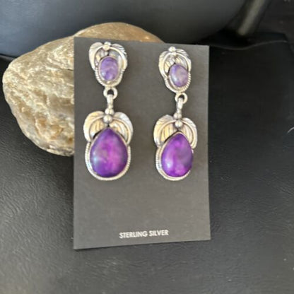 Navajo Purple Sugilite Dangle Earrings | Sterling Silver | 2" | Authentic Native American Handmade | 14403