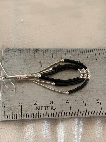 Native American Sterling Silver Heishi Dangle Black Onyx Pendant | 2" Tube | Navajo