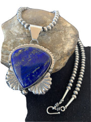 Native American Men's Navajo Pearls Necklace Pendant | Sterling Silver Blue Lapis | 01540