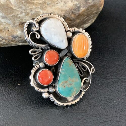 Navajo Blue Kingman Turquoise and Spiny Oyster Ring | Authentic Native American Sterling Silver | Multi-Stone | Sz 12.5 | 02163 - Masha USA