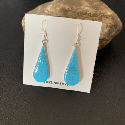Navajo Blue Turquoise Inlay Dangle Drop Earrings | Sterling Silver | 1.5" | 13311