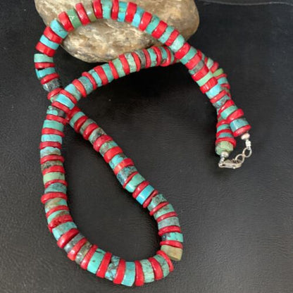 Southwestern Men's Heishi Turquoise Coral Necklace | Sterling Silver | Authentic Native American Handmade | 23" | 13927