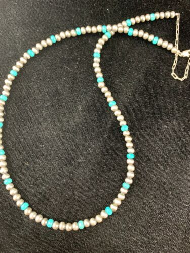 Navajo Pearls 4mm Turquoise Bead Necklace | Sterling Silver | 14" Single Strand | Native American Artisan