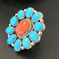 Navajo Blue Kingman Turquoise and Coral Cluster Ring | Authentic Native American Sterling Silver | Multi-Stone | Sz 7.5 | 11530