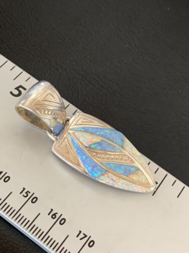 Navajo White Blue Opal Inlay Pendant | Sterling Silver | Authentic Native American Handmade | 12477