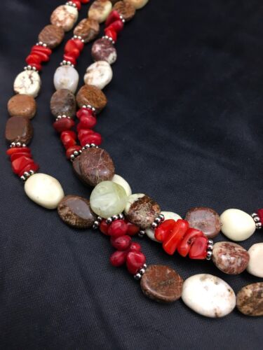 Navajo Sterling Silver Wild Horse Turquoise Coral Necklace | 3-Strand | Authentic Native American Handmade | 3097