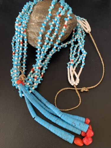 Native American Santo Domingo Blue Turquoise Coral Necklace | 5 Strand Nugget Bead | 34" | 13181