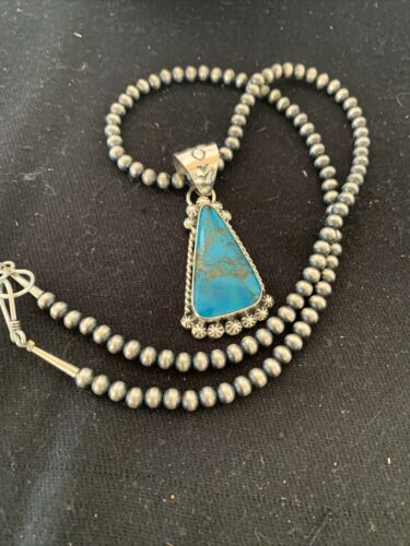 Navajo Pearls Sterling Silver Blue Spiderweb Turquoise Necklace Pendant | Men's Southwestern | 00861