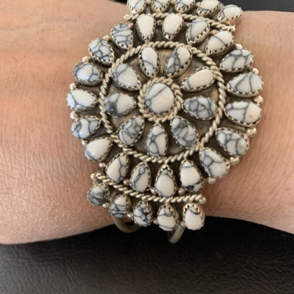 Navajo White Buffalo Turquoise Cluster Cuff Bracelet | Sterling Silver | Authentic Native American Handmade | 12102