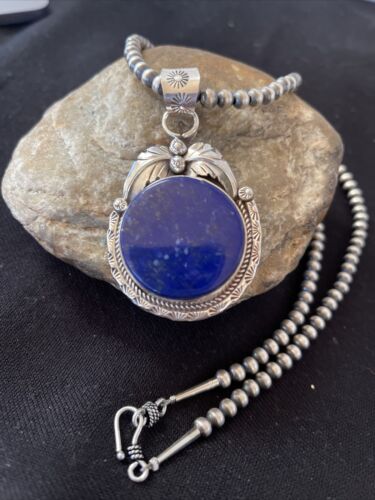 Native American Men's Necklace | Sterling Silver Navajo Pearls with Blue Lapis Pendant | 1525