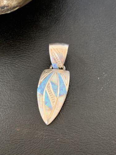 Navajo White Blue Opal Inlay Pendant | Sterling Silver | Authentic Native American Handmade | 12477
