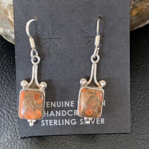 Navajo Orange Spiny Oyster Inlay Earrings | Sterling Silver | Authentic Native American Handmade | 12829