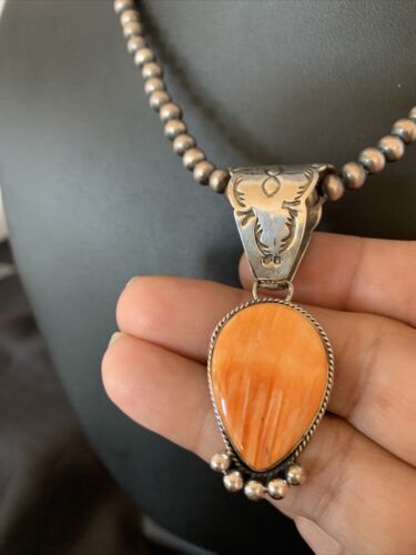 Navajo Orange Spiny Oyster Pendant Necklace | Sterling Silver | Authentic Native American Handmade | 13075