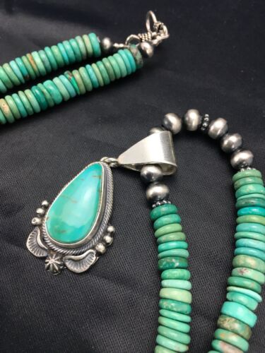 Navajo Green Turquoise Pendant Necklace | Sterling Silver | Authentic Native American Handmade | 2645