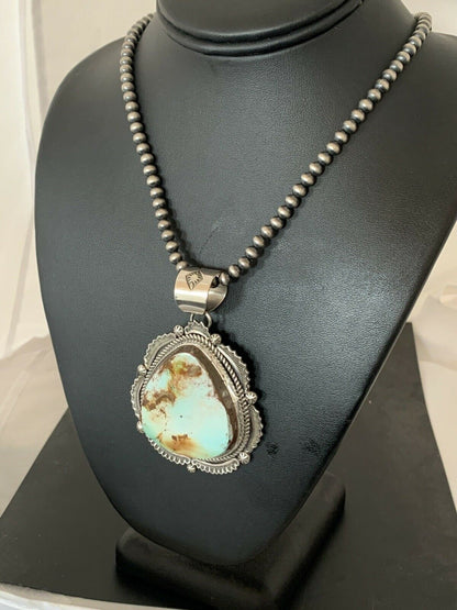 Navajo Pearls Necklace with Blue Royston Turquoise Pendant | Sterling Silver | Authentic Native American Handmade | 336