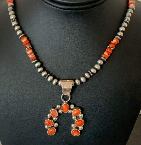 Navajo Red Spiny Oyster Naja Pendant | Sterling Silver Pearls | Authentic Native American Handmade | 140