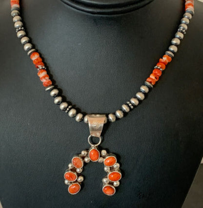 Navajo Red Spiny Oyster Naja Pendant | Sterling Silver Pearls | Authentic Native American Handmade | 140