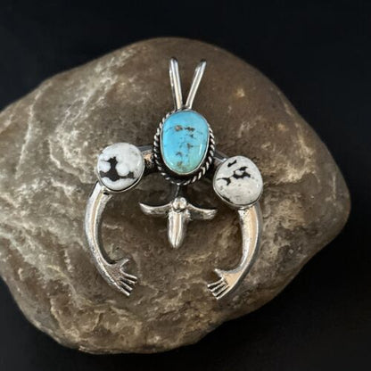 Navajo Blue Kingman Turquoise White Buffalo Naja Pendant | Sterling Silver | Authentic Native American Handmade | 14668