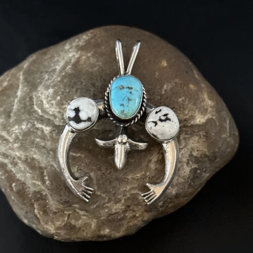 Navajo Blue Kingman Turquoise White Buffalo Naja Pendant | Sterling Silver | Authentic Native American Handmade | 14668