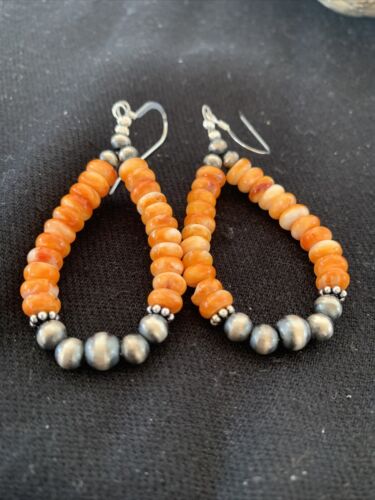 Southwestern Sterling Silver Navajo Pearl Spiny Oyster Bead Earrings | 2" | Authentic Native American Handmade | 854