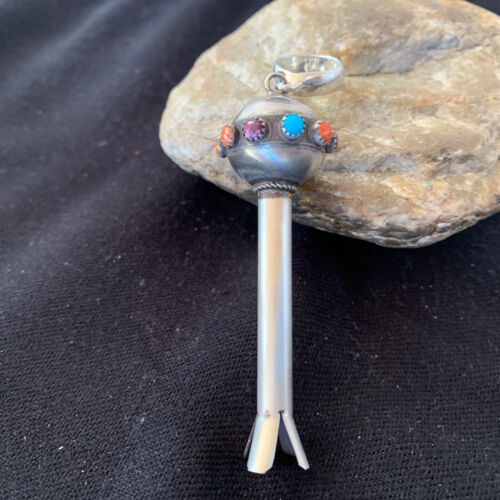Navajo Blue Turquoise Multi-Color Naja Pendant | Sterling Silver | Authentic Native American Handmade | 01156