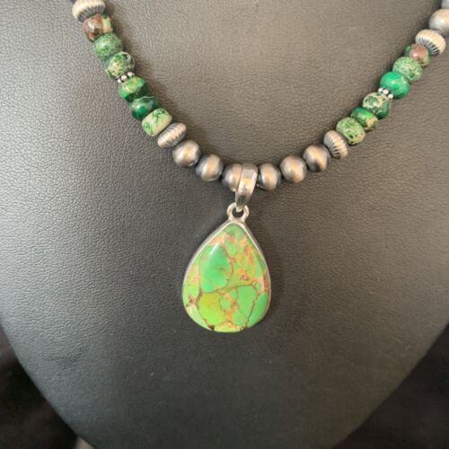 Navajo Pearls Green Mojave Turquoise Pendant Necklace | Sterling Silver | Native American Handmade | 13460