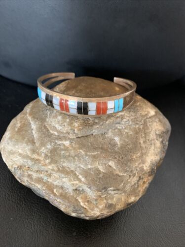 Navajo Sterling Silver Multi-Color Inlay Bracelet | Turquoise | Native American Jewelry | 12919