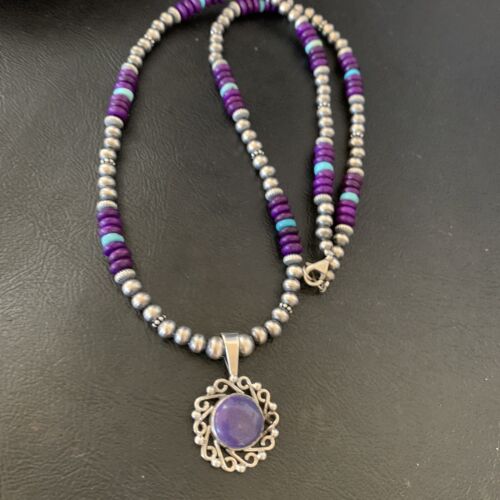 Women's Navajo Blue Turquoise Purple Sugilite Pendant Necklace | Sterling Silver | Native American Handmade | 12621