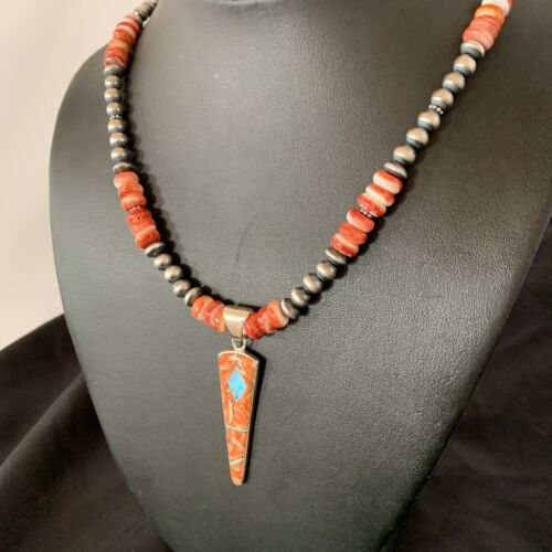 Navajo Pearls Sterling Silver Necklace | Opal Red Spiny Oyster Inlay Pendant | Authentic Native American Handmade | 11322