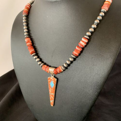 Navajo Pearls Sterling Silver Necklace | Opal Red Spiny Oyster Inlay Pendant | Authentic Native American Handmade | 11322