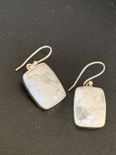 Navajo Sterling Silver White Howlite Black Dangle Rectangle Earrings | 0.75" | 12069