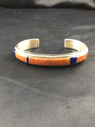 Native American Spiny Oyster & Lapis Inlay Bracelet | Navajo Sterling Silver | 4544